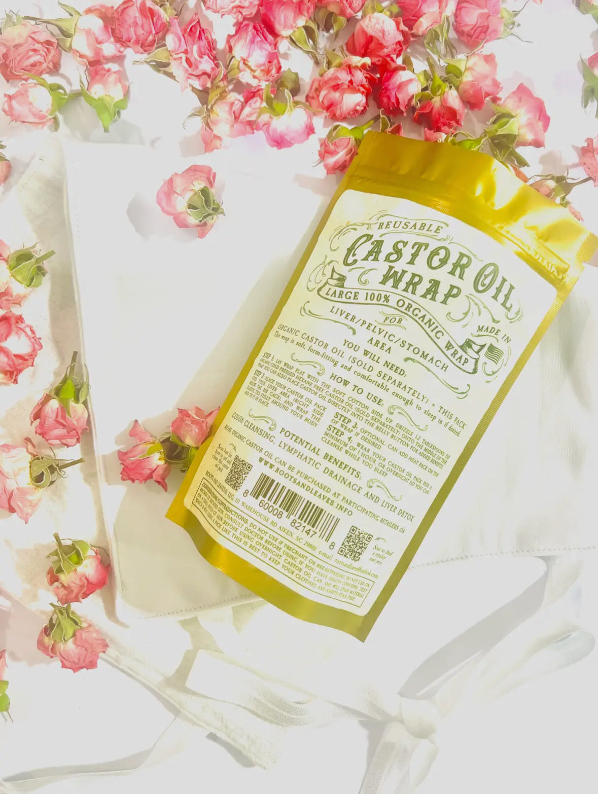Castor Oil Organic Wraps are made of a soft inner hypoallergenic layer that will lay against the skin and is made with 100% organic cotton