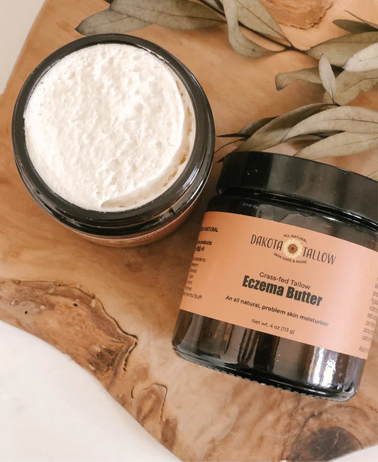 A silky and luxurious natural body butter made with only pure and simple ingredients targeted at helping to repair and relieve problem prone skin! A blend of raw organic shea-butter and grass-fed tallow, this body butter is formulated especially for those with extreme topical skin conditions and inflammations, such as eczema, psoriasis and extremely cracked skin.
