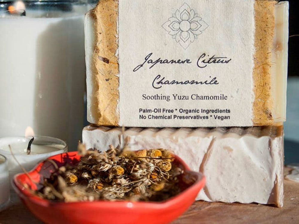 Japanese Citrus Chamomile Organic Soap soap is made with Japanese yuzu essential oil and blended with soothing organic chamomile powder extract and colloidal oatmeal