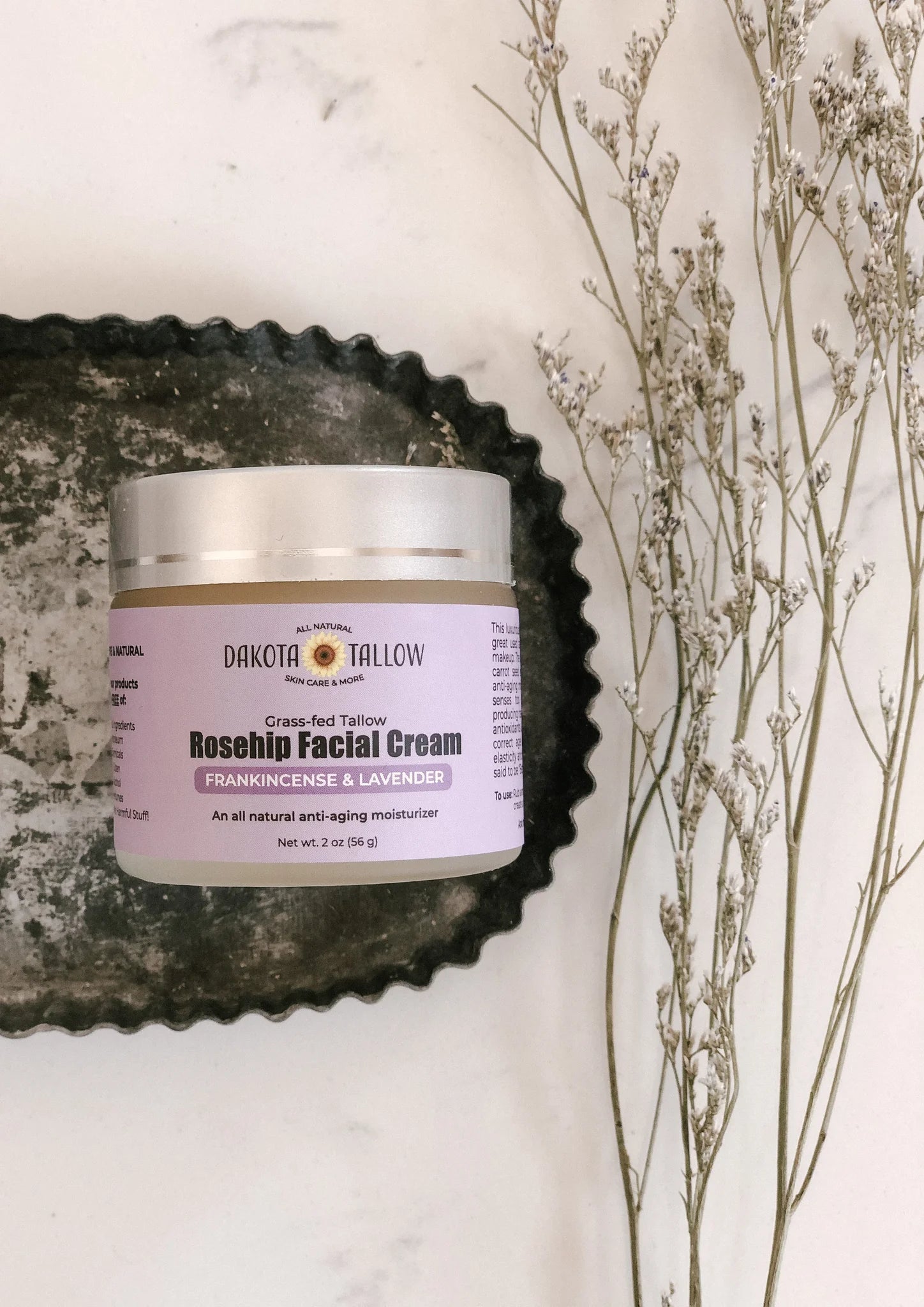 Grass-fed Tallow Rosehip Facial Cream blended with organic frankincense and lavender essential oils