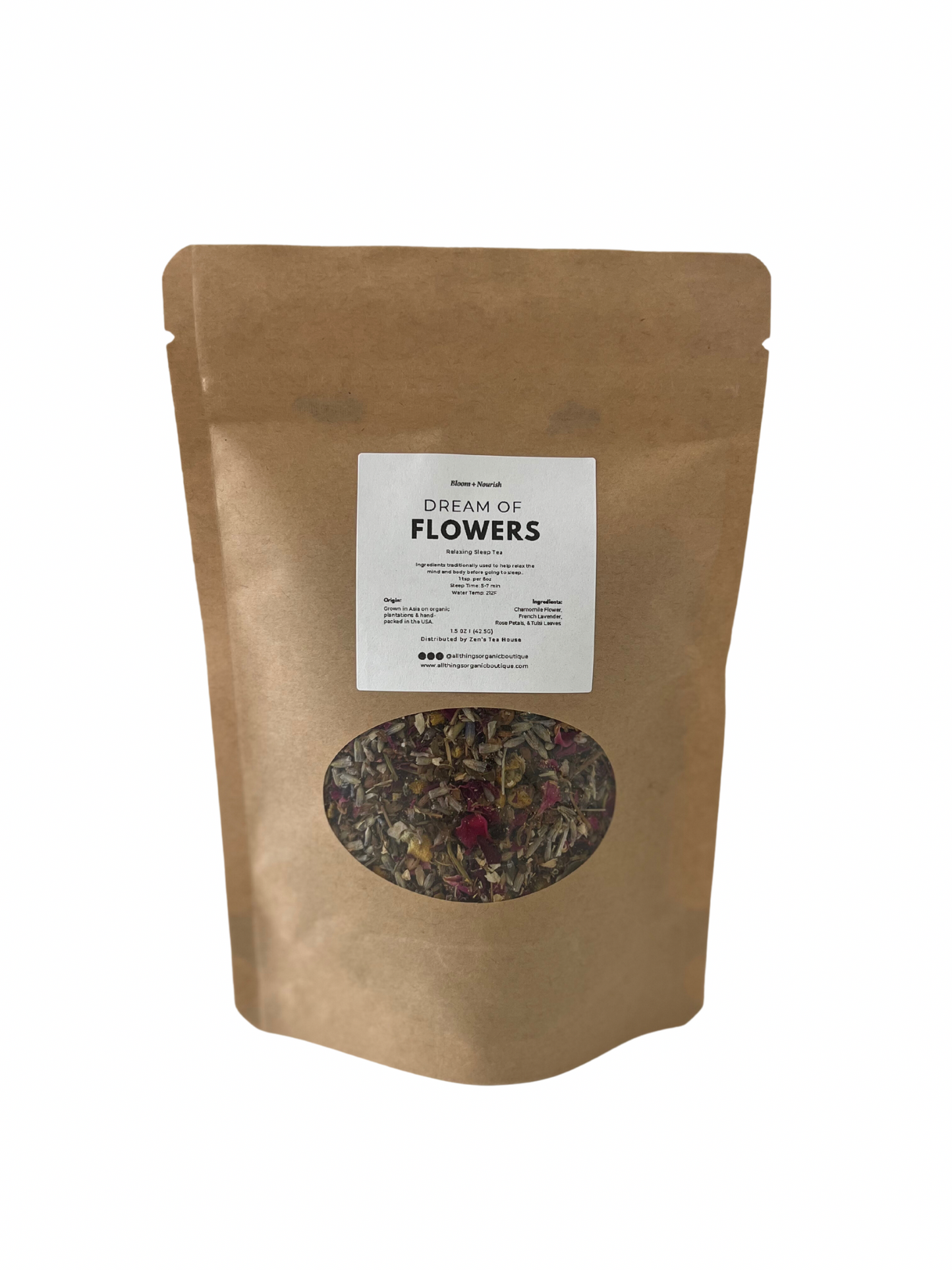 Dream of Flowers Organic Loose Leaf Tea is the #1 tea for sleepless nights! It contains a perfectly balanced mixture of sedative herbs and flowers. Chamomile Flower, Rose Petals, French Lavender, and Tulsi Leaves are the main ingredients from this relaxing blend.