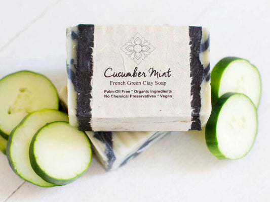 Cucumber Mint Organic Soap is a great facial soap bar made with real cucumber seed oil, French green clay, and detoxing bamboo charcoal