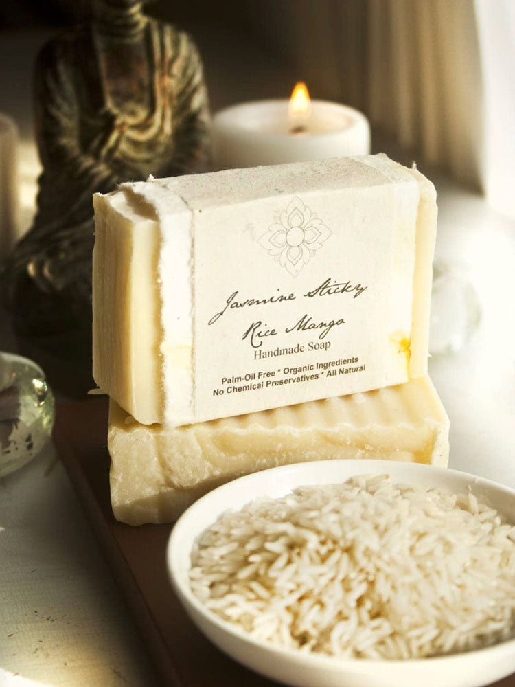Jasmine Sticky Rice Mango Organic Soap is inspired by a Thai dessert. With Sweet Sticky Rice and Mango, this wonderfully exfoliating bar is infused with grounded-up sticky rice and coconut milk.