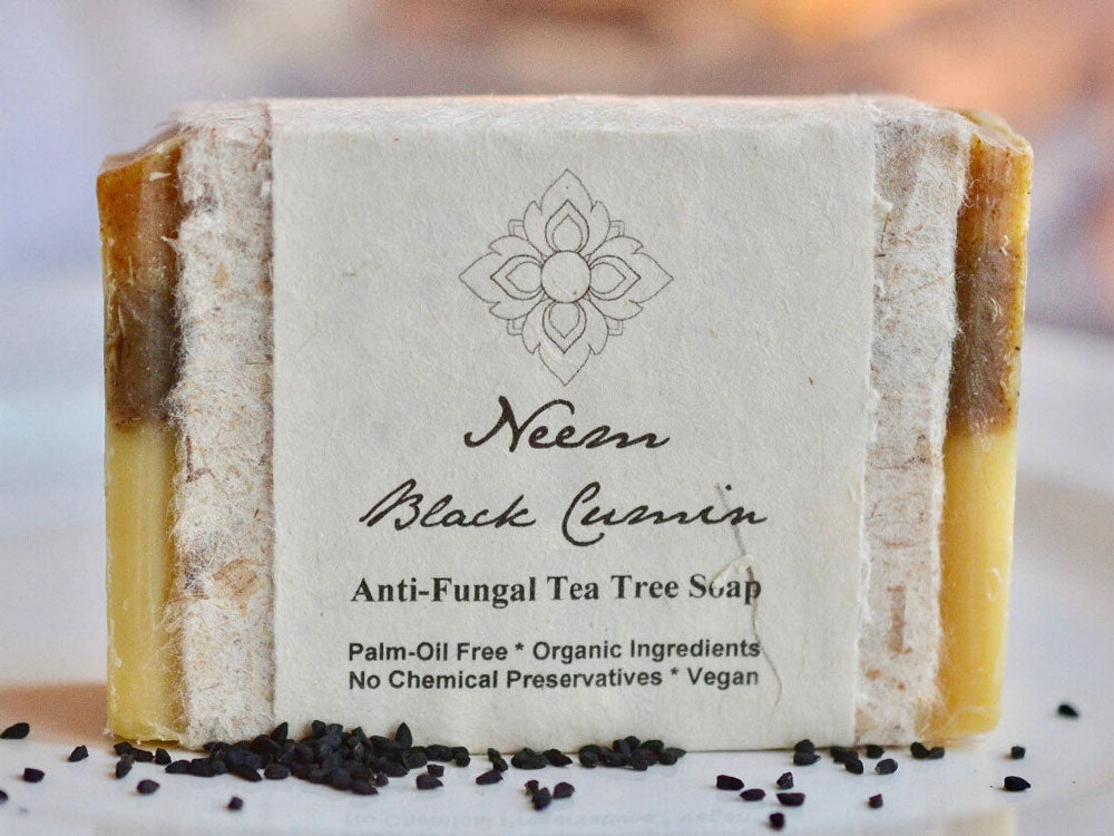 All-natural Neem Black Cumin anti-fungal tea tree soap is handmade from an original recipe made with certified organic neem oil from India - a potent oil with anti-fungal and anti-bacterial properties