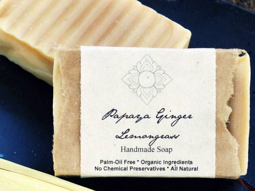 Slather your body with this rich creamy Papaya Ginger Lemongrass Organic Soap soap blended with organic lemongrass and papaya powder swirls